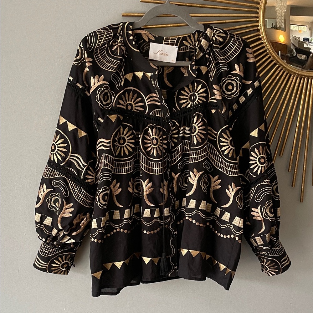 Kasia Black and Gold Puff Sleeve Button Front Blouse